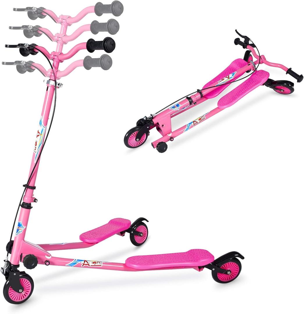 Kids Swing Scooter, 3 Wheels Drifting Scooter/Wiggle Scooters with Adjustable Height & Foldable for Boys/Girl/Ages 5-12 Years (Pink)