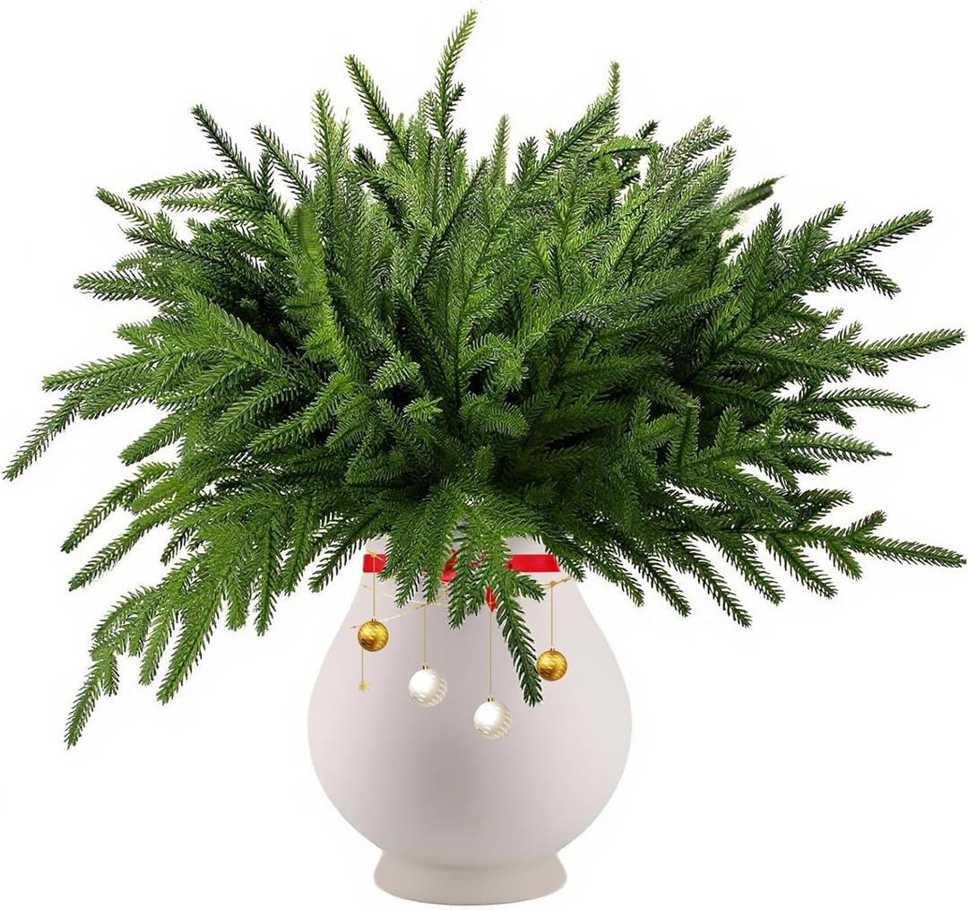 12 Pcs Christmas Norfolk Pine Branches: 18 Inch Artificial Faux Realistic Real Touch Greenery Cedar for Vase DIY Craft Garland Wreath Indoor Home Decorations