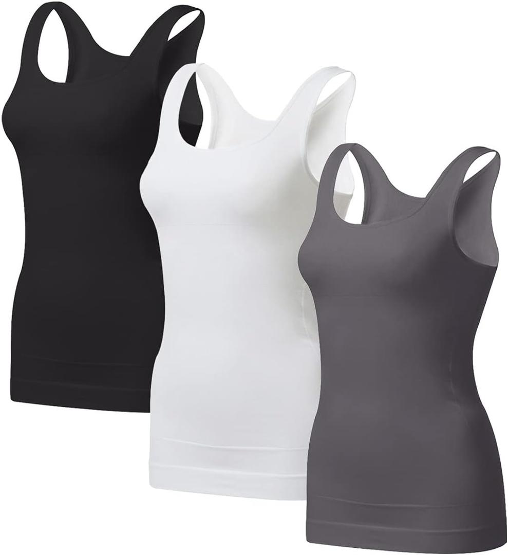 EUYZOU Women's Tummy Control Shapewear Tank Tops - Seamless Body Shaper Compression Top (Large, Black/White/Grey 3pk)