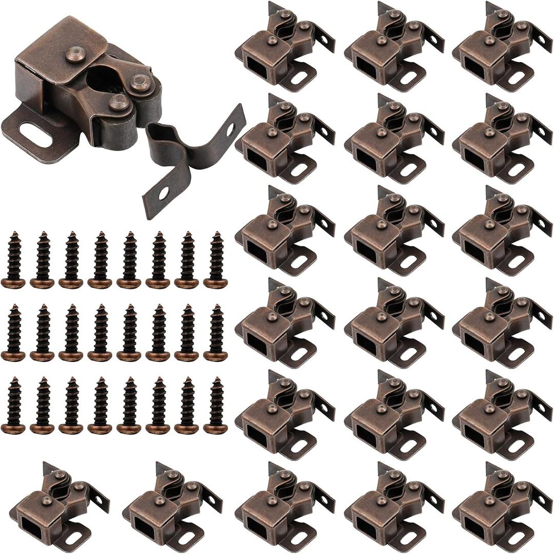 Bonuci 30 Pcs Cabinet Door Latch and Catch Hardware Double Roller Catch Cabinet Latches with Spear Strike for Closet Doors Kitchen (Brown Antique Copper)