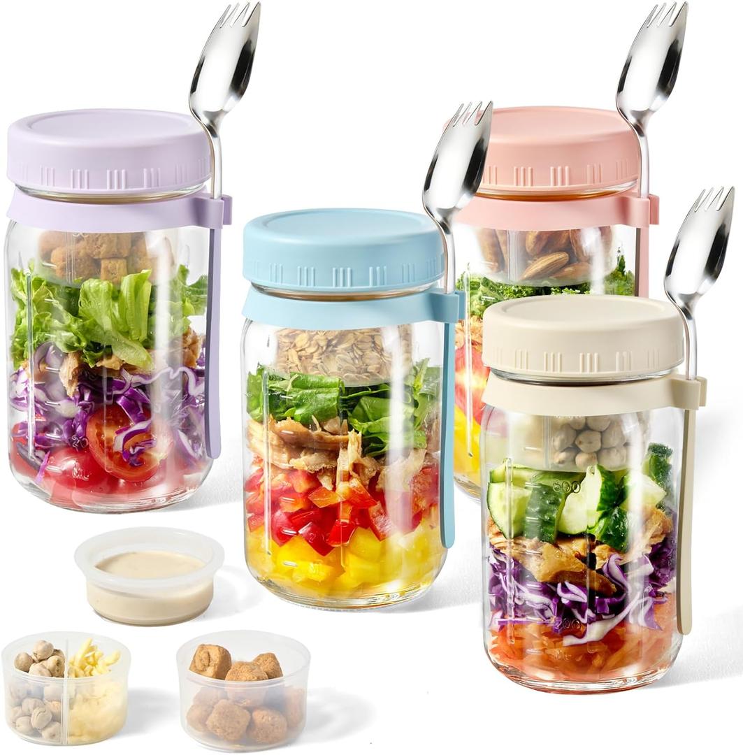4 Pack Glass Salad Mason Jars with Dressing Cup and Spork, 32 oz Mason Jars Salad Container with Lids Meal Prep for Lunch, 2 Insert Separate Cups with Divider for Dressing & Dry Ingredients