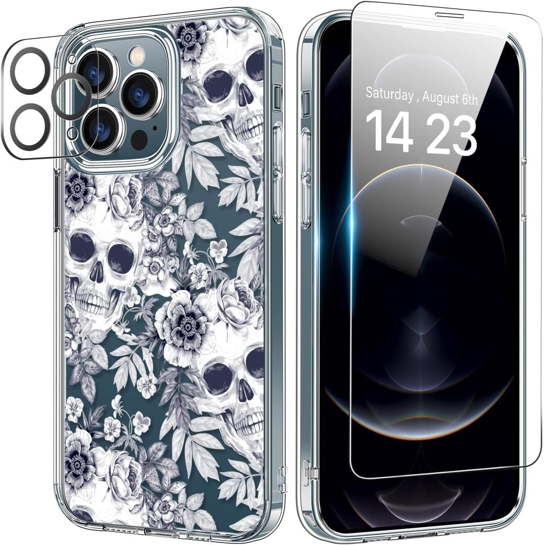 bicol for iPhone 12 Pro Max Case with Screen Protector and Camera Lens Protector - Fashionable Flower Floral Designs for Women Girls - Shockproof Acrylic Clear Phone Cover 6.7" - Elegant Skulls