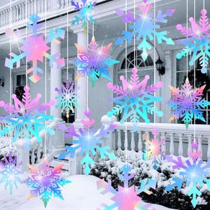 Gueevin 16 Pcs 12" Large Christmas Snowflake Ornament Xmas 3D Iridescent Snowflakes 3D Laser Paper Snow Flakes in 4 Classic Designs for Winter Xmas Party Wonderland Christmas Birthday Party Decor (Multi Color)