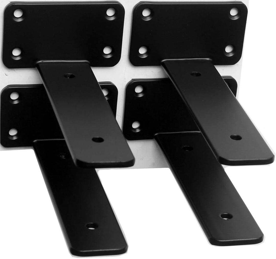 4 Pack 4 Inch Black Hidden L Shelf Bracket (1/5 Inch Thicked) Iron Floating Shelf Brackets Rustic Industrial Metal Brackets for Shelf Support