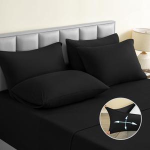 BYSURE Jersey Knit Full Size Bed Sheets 6 Pieces, Stretch Super Soft and Wrinkle-Free Bed Sheets, Spandex Blend with 18-inch Deep Pocket, Black