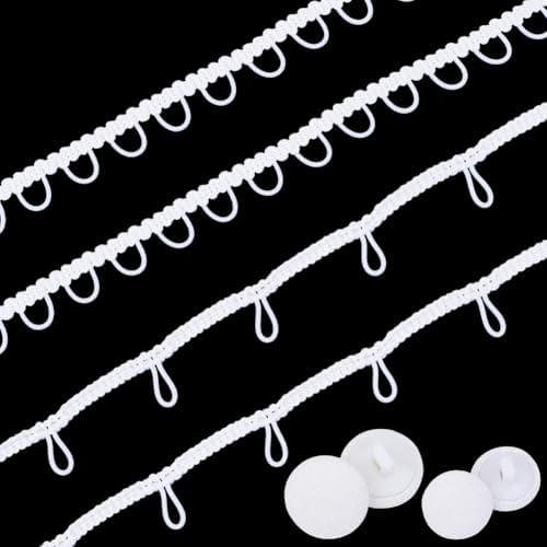CABODYALS 2 Pcs 9 Yards White Elastic Braid Fringe Tassel Buttonhole Loops Trim Ribbon with 40Pcs Cloth Fabric Covered Buttons for Sewing Making Bridal Wedding Dress Clothes Decor DIY Craft Supply