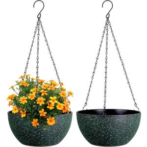 Meowell 8 inch Small Hanging Planters for Indoor Outdoor Plants, 2 Pack Hanging Flower Pots with Drainage Holes and Chain, Plastic Hanging Baskets for House Plants, Black with Green Speckles