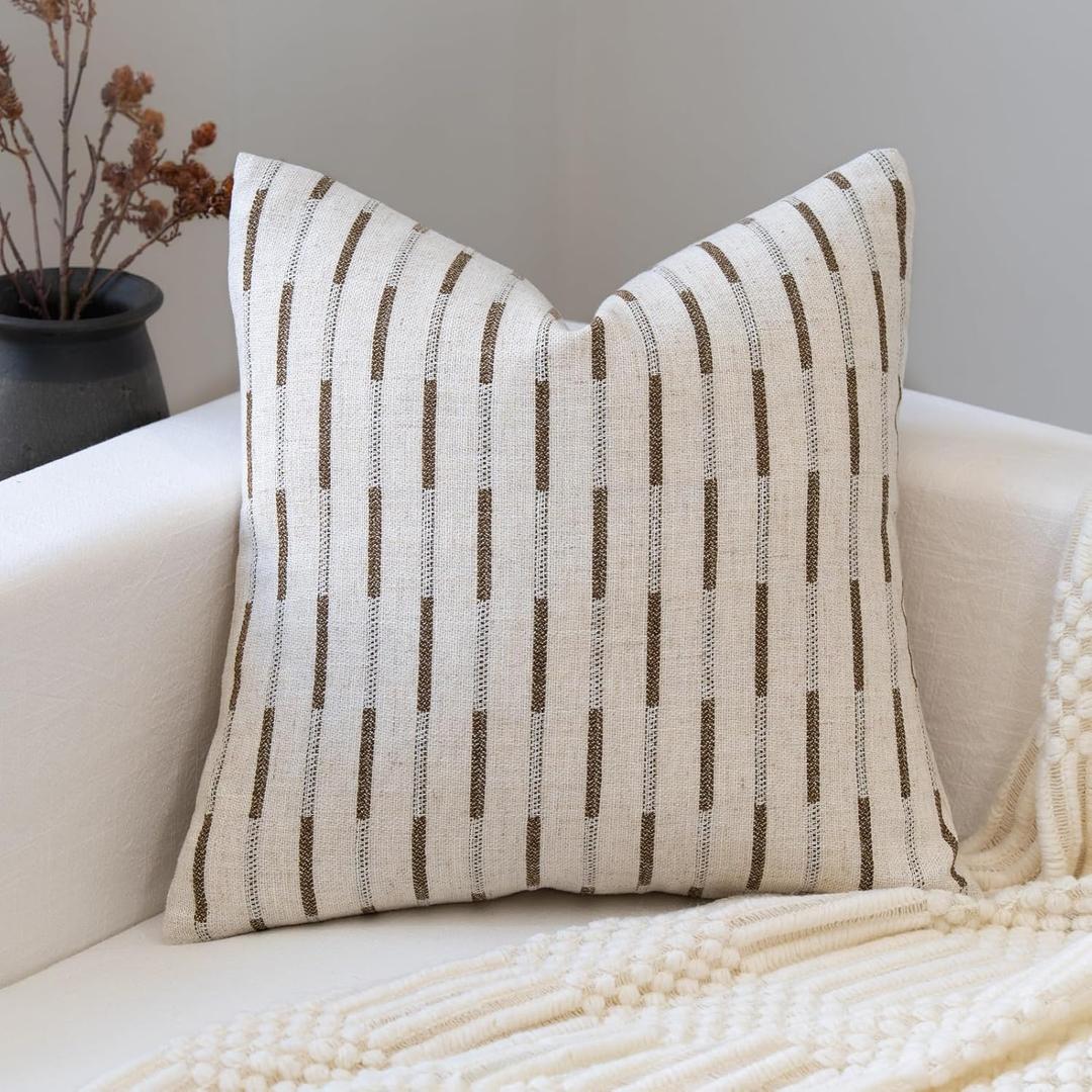 FIOUOVO Decorative Neutral Throw Pillow Covers 18x18 Farmhouse Pillow Covers Cotton Stripe Cushion Covers Home Decor for Sofa Couch Living Room Bedroom 1PC, Bold Stripe