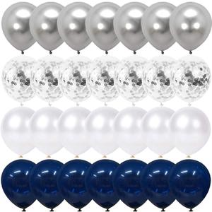 Navy Blue and Silver Confetti Balloons 50 pcs, 12 inch White Pearl and Silver Metallic Chrome Party Balloons for 2026 Graduation Party Decorations
