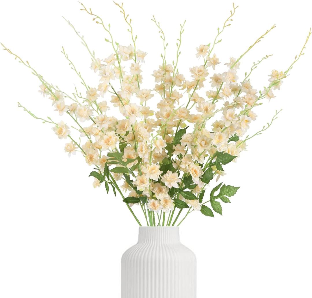 IPOPU Delphinium Artificial Flowers,6PCS Champagne Silk Faux Flowers 42.5'' Realistic Long Stem Hyacinth Flowers for Tall Vase Wedding Party Garden Home Decor (Champagne)