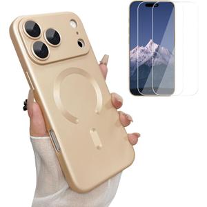 Magnetic Case for iPhone 17 Pro Max Case for Women, [Compatible with MagSafe] Matte Soft Metallic Design with Lens Protectors and 2 Screen Protectors for iPhone 17 Pro Max 6.9"-Champagne Gold