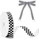 KINGLAKE Black and White Checkered Ribbon - Racing Car Theme Black Grosgrain Buffalo Plaid Ribbon for Gift Wrapping, 3/8 in x 10 Yds White Gingham Ribbons for Crafts, Wreath, and Racing Cakes Decor