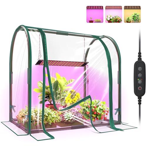 Bstrip Mini Indoor Greenhouse with Grow Lights, 27.2" L X 19.9" W X 27.2" H Desktop Small Greenhouse with Zippered Door and PVC Cover for Seed Starting, 1.6FT Plant Light for Indoor Plants with Timer