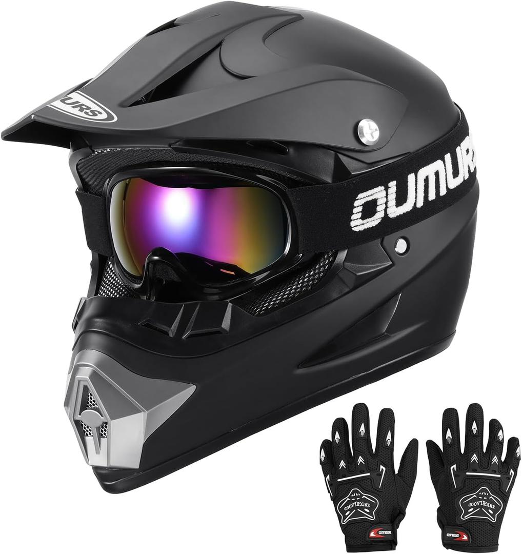 DOT Youth Dirt Bike Helmet,Kids ATV Helmets with Gloves Goggles for Youth Boys Girls 5-14 Ages,Four Wheeler Helmet Kids Motocross BMX MX UTV Snowmobile Go Kart Riding Racing Skateboard Black (Large)