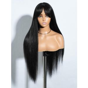 Long Wig With Bangs Long Yaki Straight Wig With Curtain Bangs 30 Inch Black Synthetic Hair Wig Natural Looking For Party Cosplay Daily (1B)