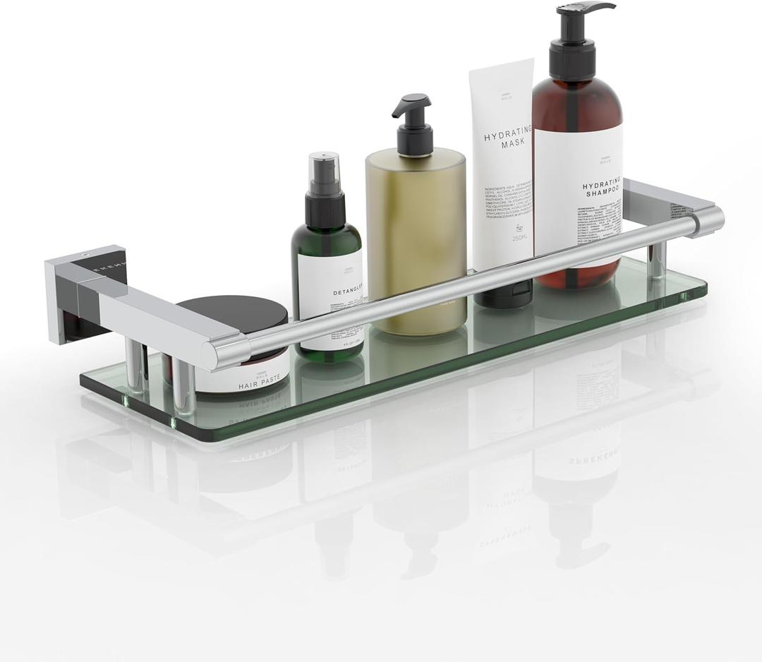 Glass Shelves for Wall, Chrome Stainless Steel & Tempered Glass Glass Shelf for Bathroom, Shelf Sink Over Toilet Bathroom Organizer (16-inch, Polished) (16 with Railing)