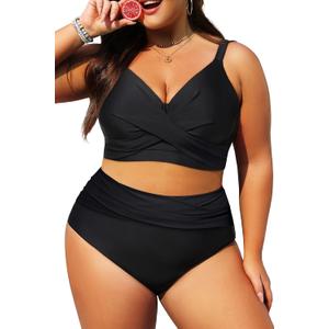 Women's Plus Size High Waisted Bikini - Two Piece Swimsuit Tummy Control Bathing Suit 2025 Twist Swimwear (Black)