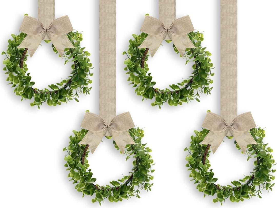 WILLBOND 4 Pcs Christmas Kitchen Cabinet Wreath Boxwood Garland with Ribbon Greenery Garland Hanging Wreaths for Cabinet Wall Window Door Fireplace Party Farmhouse Decor(Burlap,Linen)
