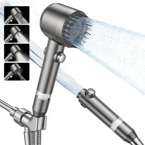 Filtered Shower Head with Handheld,High Pressure Shower Head 4 Spray Modes,ShowerHead with ON/OFF Switch for Pets,Built-in Power Wash to Clean Tub,Shower Heads Combo with Stainless Steel Hose (Gray)