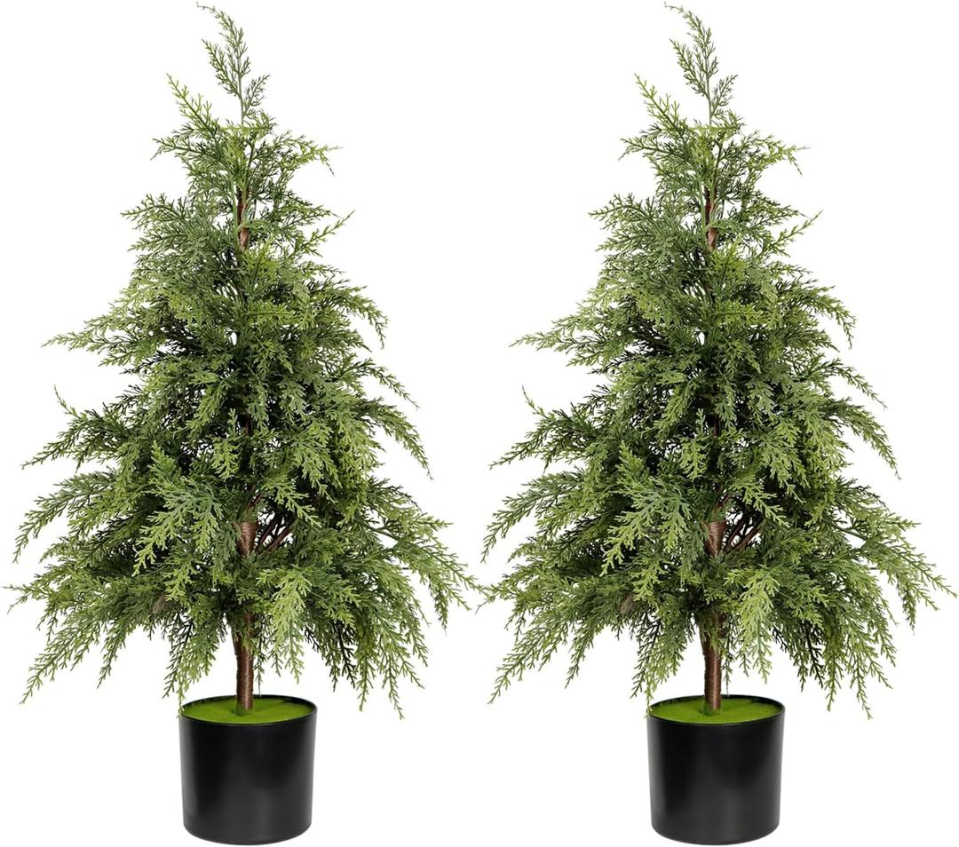 3FT Artificial Cedar Topiary Trees for Front Porch Decor Realistic Xmas Tree Shrubs Faux Cypress Greenery Fake Potted Plants for Outdoor Indoor Door Office Farmhouse Home Decoration (2, Green)