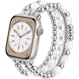 AIRSPO Gold Beaded Bracelets Compatible for Apple Watch Band 38mm 40mm 41mm 42mm Women, Fashion Handmade Dressy iPhone Watch Bands Stainless Steel Beads Elastic Strap for iWatch Series 11 10 9 SE 8 7 6 5 4 3 2 1 (Silver)