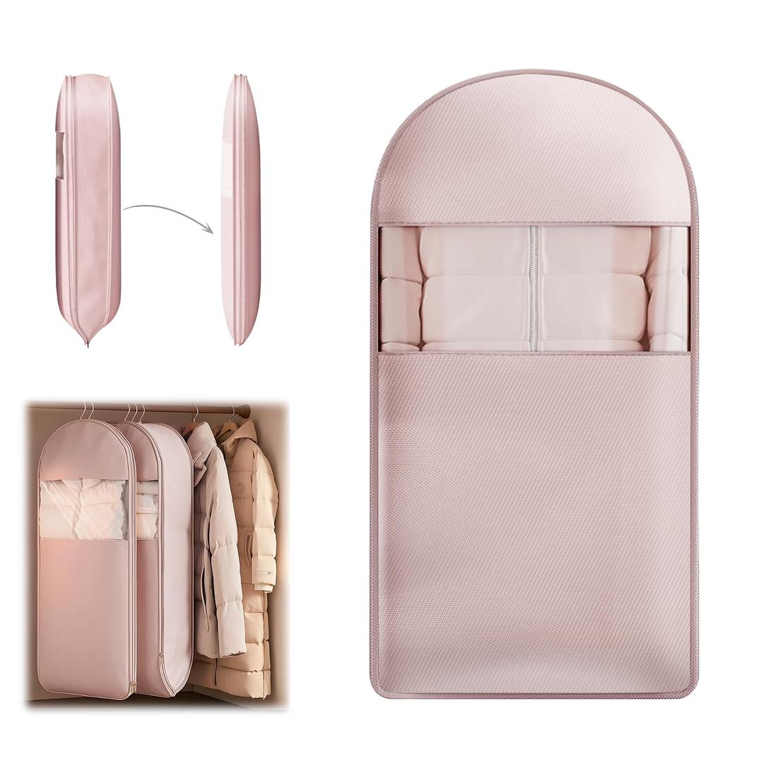 Space Saving Hanging Garment Bag with Self Compression Zipper, Clear Garment Bag for Hanging Clothes, Dust Cover Clothes Bags for Down Coat, Suit Bags for Closet Storage, Hanging Protector for Coats