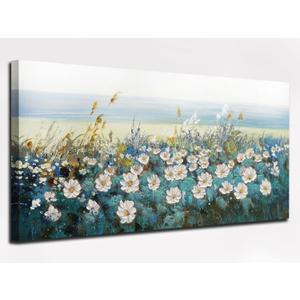 Arjun Flower Wall Art for Living Room, Teal Bedroom Canvas Daisy Floral Painting Landscape Picture Artwork Large Textured Office Home Dining Room Kitchen Wall Decor Large 48"x24"