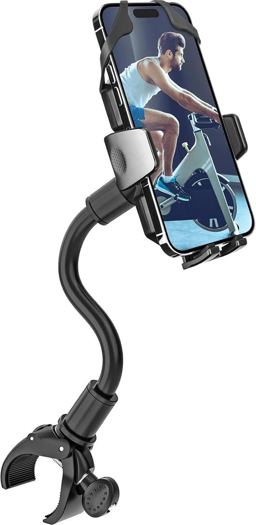 Indoor Bike Phone Holder, Adjustable Gooseneck Cell Phone Mount for Spin Bike, Treadmill, Stationary, [Anti-Shake Tether] Handlebar Clamp Mount for iPhone 16 15 14, Galaxy S24, More 4-7" Phones