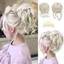 SARLA 2PCS Messy Bun Hair Pieces for Women Detachable Claw Clip Wavy Curly Synthetic Hairpieces for Updos with Tendrils Fake Scrunchies Ponytail Extension Platin Blonde