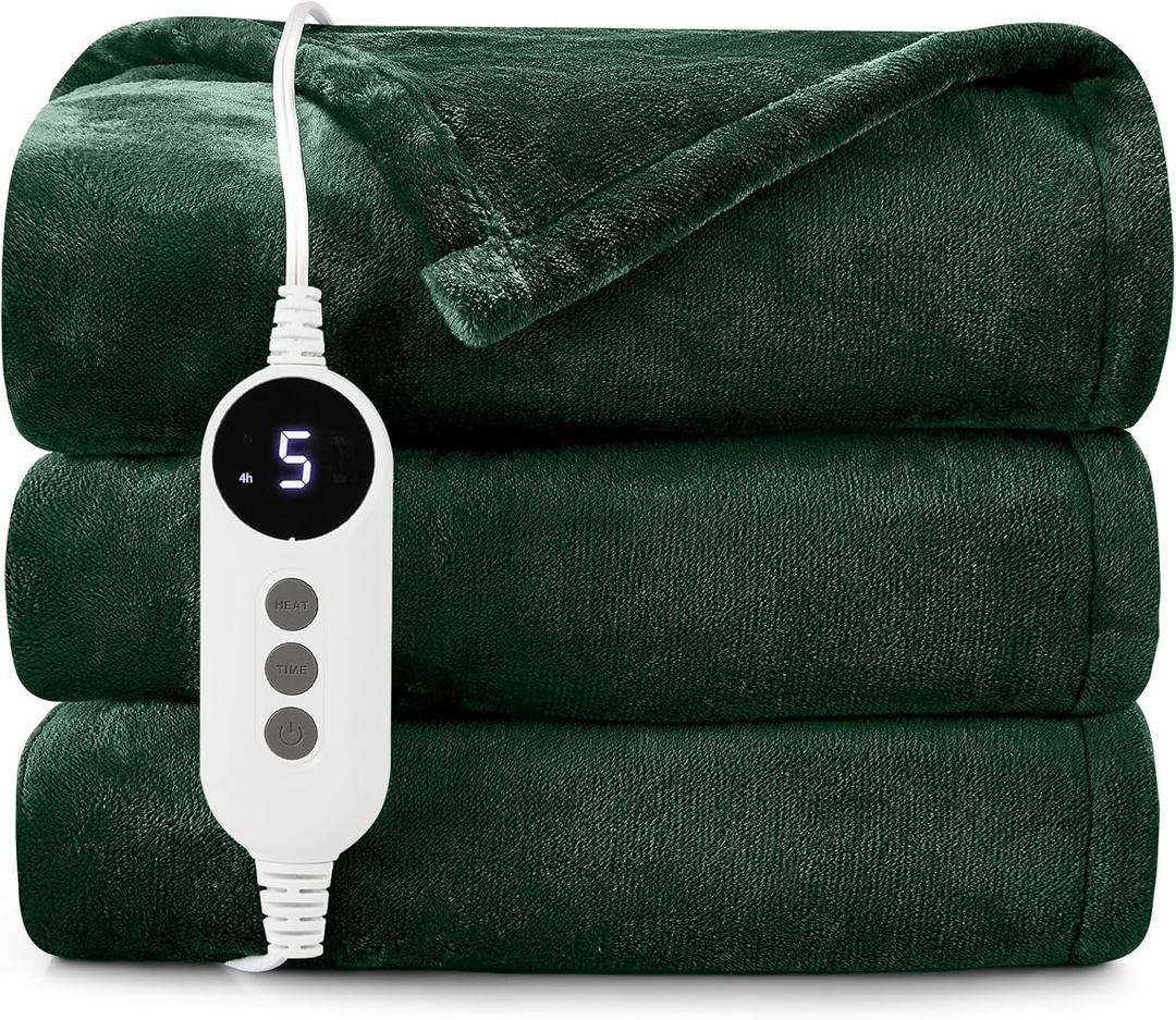 HYLEORY Heated Electric Blanket Throw, 2-Layer Cozy Warm Flannel 50" x 60", Heating Blanket with 9 Heating Levels, 2/4/6/10 Hours Auto Off, Fast Heating Winter Blanket, Green