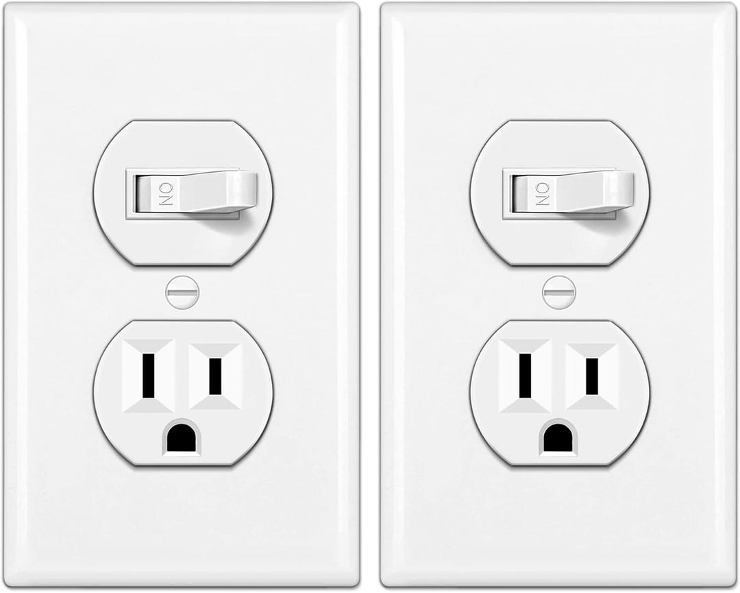 BESTTEN 2 Pack Combination Toggle Light Switch and Duplex Receptacle Outlet, Single Pole Toggle Wall Switch, Grounded Outlet, Combo Style, 15 Amp, Wallplate Included, UL Listed, White