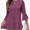CiCiBird Women's 3/4 Ruffle Sleeve Babydoll Top Loose Peplum Crewneck Tunic 2025 Fashion Casual Shirt Size Medium, Purple Red