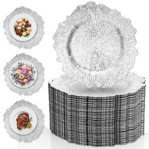 Gereat Silver Charger Plates Bulk 100Pcs, 13 Inch Silver Charger Plates for Dinner Plates, Floral Reef Round Ruffled Rim Plastic Plate Chargers for Wedding Table Setting, Party & Event Decor