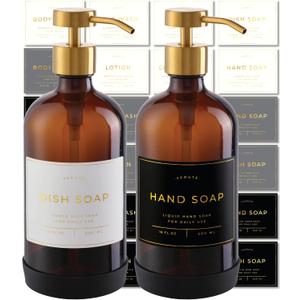 Hand and Dish Soap Dispenser for Kitchen and Bathroom, Set of 2 16 Oz Glass Bottles, Stainless Steel Pumps, Non-Slip Silicone Base, 27 Waterproof Labels (Amber Bottle/Brushed Gold Pump)