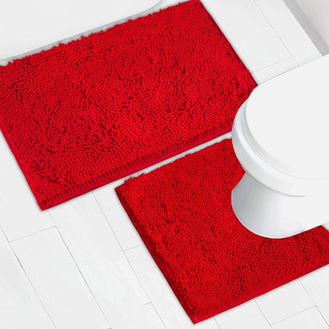 AINAHYVA Bathroom Rugs Chenille Bath mat 2 Piece Set, Super Absorbent, Strong PVC Non Slip Backing, Bath mats for Bathroom, Plush Shaggy, Thick, Machine Washable, Bathtub, Toilet.(Red)
