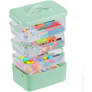 4-Layer Plastic Craft Organizers and Storage Box with Removable Trays, Storage Containers with lids and Handle, Art Supply Storage Organizer for Organizing Bead, Sewing, ToolGreen