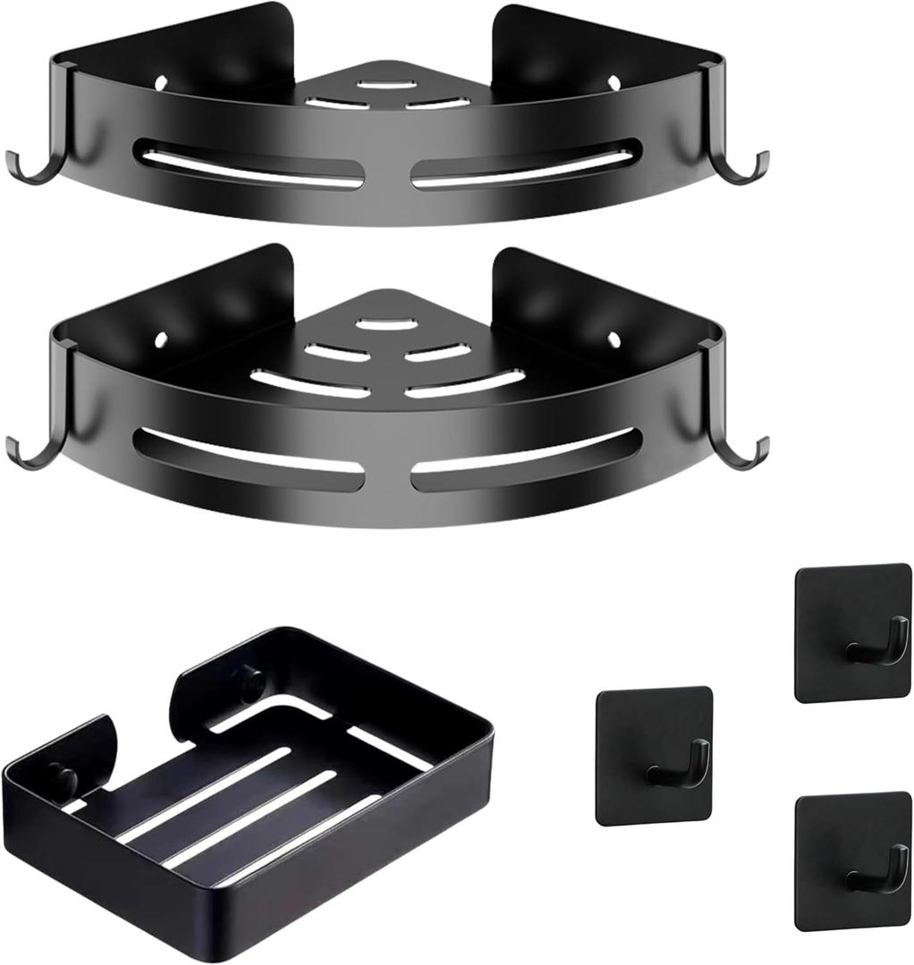 2 Adhesive Corner Shower Caddy with 2 Hooks, Soap Holder and 3 Adhesive Towel Hooks, Rustproof Aluminum Corner Shelf, No Drilling Shower Organizer for Bathroom Storage.