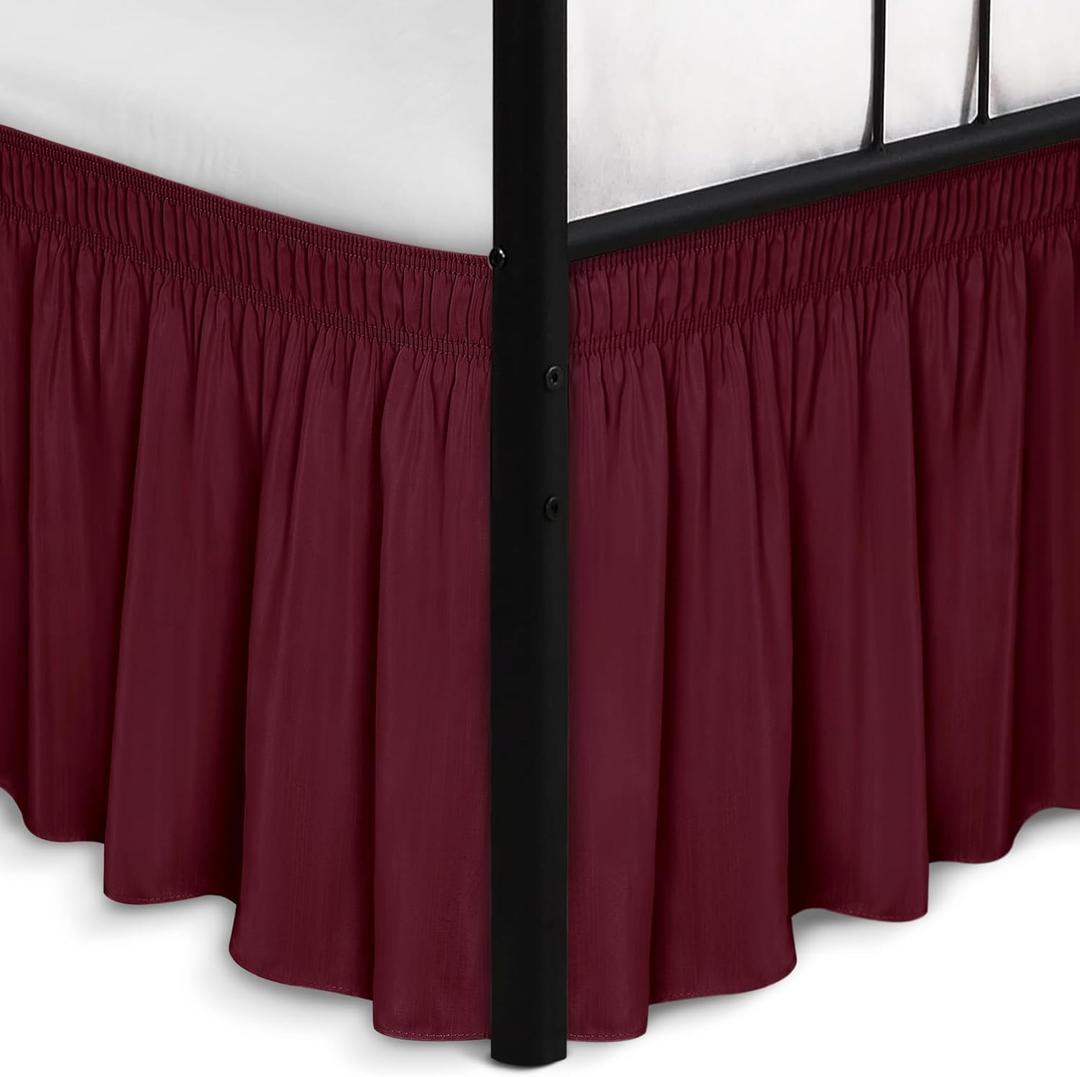 Biscaynebay Wrap Around Bed Skirts with Split Corners for Queen Beds 14" Drop, Burgundy Elastic Dust Ruffles Adjustable Easy Fit Wrinkle & Fade Resistant Silky Luxurious Fabric Machine Washable