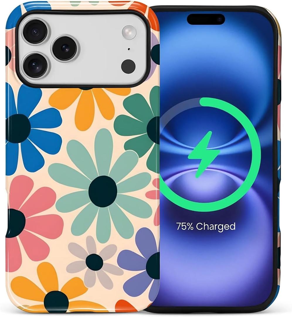 Magnetic Case for iPhone 17 Pro Max,Compatible with MagSafe Hybrid Heavy Duty 2 in 1 Full Body Rugged Shockproof Protection Glossy Case Retro Floral Colorful Daisy