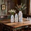 Blue & Brown Ceramic Decorative Vase Set of 3, Tuscan Rustic Pottery Vase, Farmhouse Table Pampas Grass Vases for Coffee Table Mantel Entryway Wedding Centerpiece, Vintage Floral Vases Tall 9.5in