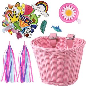 Kid's Bicycle Basket Streamers Set, Children's Bike Handlebar Wicker Basket with Colourful Bike Streamers Bell and Stickers, Bike Decoration Accessories Kit for Girls (Pink)