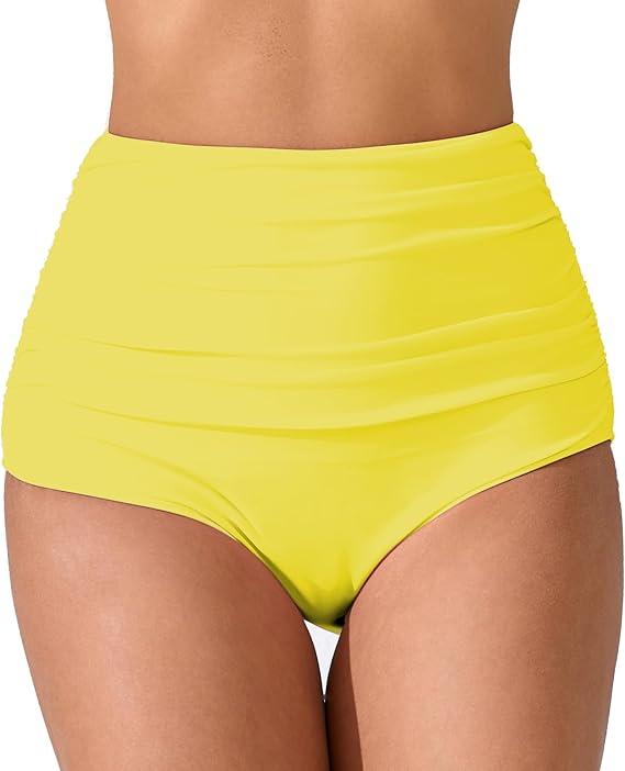 Joybik Women’s High Waisted Full Ruched Bikini Swim Bottoms Tummy Control Full Coverage Swimsuit Bottoms L