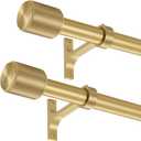 2 Pack Curtain Rods 72 to 144 Inch, Adjustable 1-Inch Window Curtain Rods, Heavy Duty Single Telescoping Drapery Rods with Cap Finials, Brass