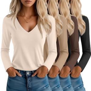 Neer 4 Pack Women's T-Shirts V Neck Long Sleeve Casual Tops Loose Fit Basic Layering Shirts Straight Hem Plain Soft Tees (Large, Apricot, Khaki, Brown, Black)