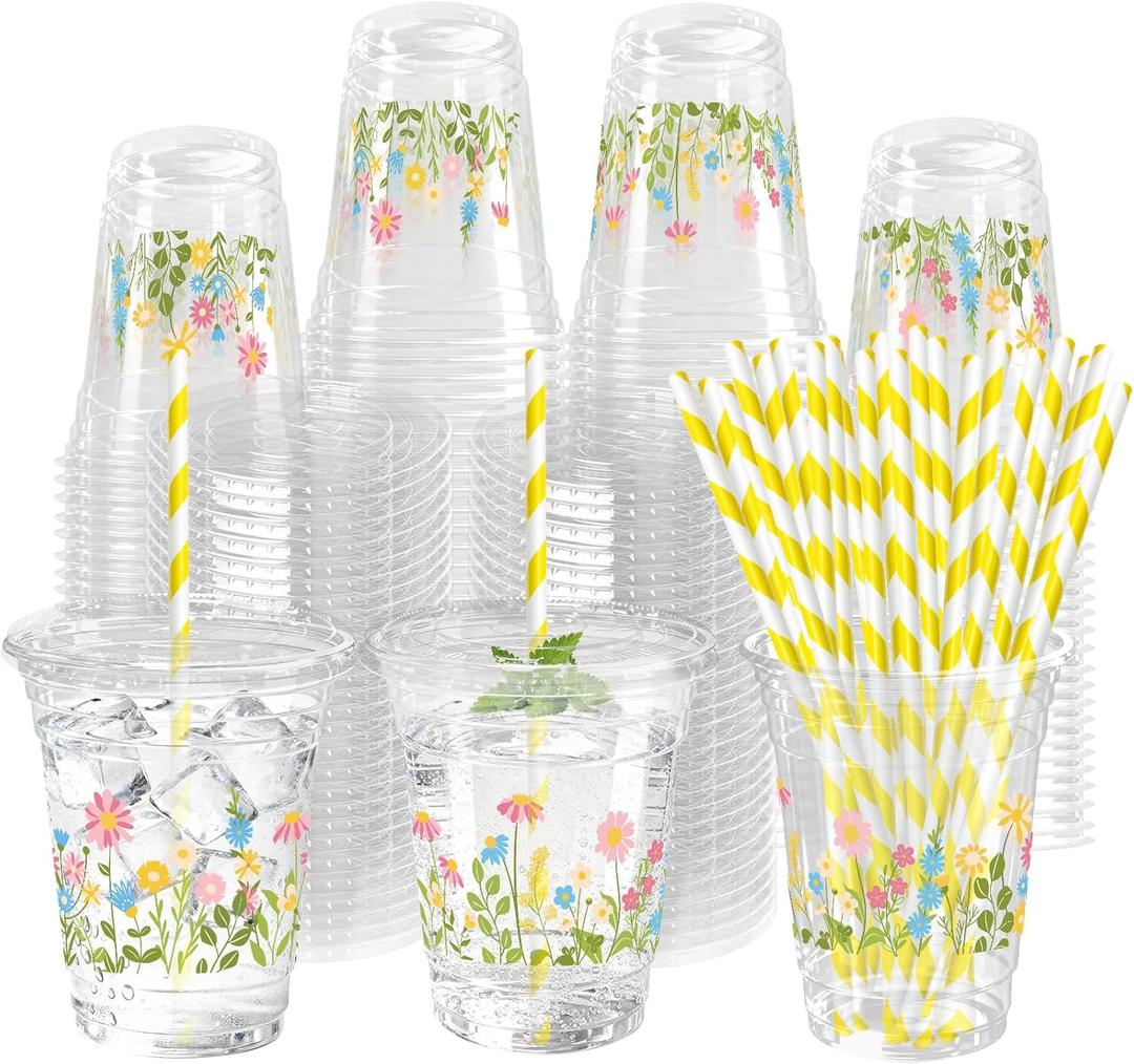 50 Sets Flower Daisy Plastic Cups 12 oz Floral Disposable Cups Spring Daisy Party Favor Drinking Beverage Cup for Baby Shower Birthday Party Supplies
