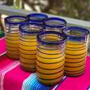 Hand Blown Mexican Drinking Glasses Set of 5 Glasses with Cobalt Blue Spiral Design (14 oz each)