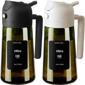 SWEET VIEW 2PCS Olive Oil Dispenser and Oil Sprayer  16oz/470ml Glass Light-Proof Oil Pourer for Kitchen Air Fryer, Cooking, Salad, and BBQ, with Stickers (Black&White)
