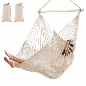 Barydat 2 Pcs Hanging Hammock Chair Boho Swing Chair Outdoor Indoor Comfy Soft Cotton Rope Weaving with 40 Inch Detachable Metal Bars for Backyard Living Room Garden, 270lb Capacity(Beige)