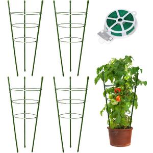 18" Small Plant Support Tomato Cages, 4 Pack Adjustable Garden Trellis for Indoor Outdoor Climbing Plants, Peony Flower Stakes with 66ft Garden Twist Ties, Green Metal Plant Cages for Pots & Garden
