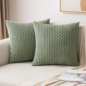 MIULEE Throw Pillow Covers Soft Corduroy Decorative Set of 2 Boho Striped Pillow Covers Pillowcases Farmhouse Home Decor for Couch Bed Sofa Living Room Spring 22x22 Inch Sage Green (22" x 22" (Pack of 2))